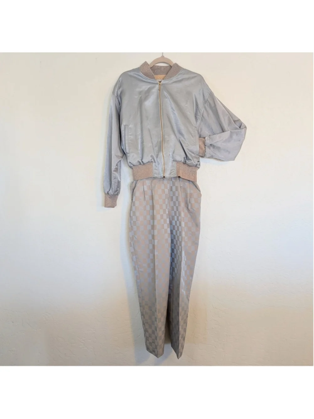 VTG Blue Silver Rose Gold Bomber Jacket and Pants Set 80s Retro Sport Leisure